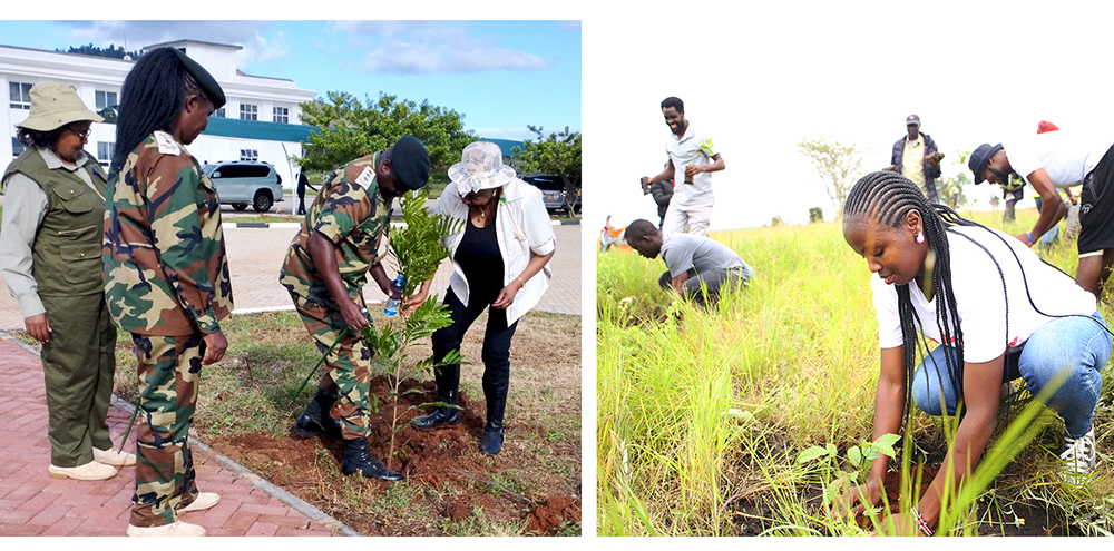 Pic 1: Senior Deputy Chief Conservator of Forests (Corporate Services), Lucy Kiboi, Machakos County Forest Conservator, Millcah Mutua and County Forest Commander, Chief Inspector Zablon Ndiema plant a tree with Dr. Agnes Gachau during the national tree planting exercise at KFS Machakos  Pic 2: Students and members of staff plant tree seedlings at Konza Technopolis City during nationwide tree growing exercise.