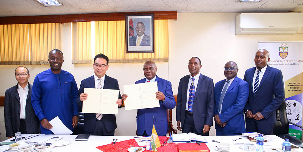 Eng. John Tanui, Prof. Paul Wambua, Prof. Edwin Ataro, and Prof. Robert Jallang\u2019o Akello, SEEE, with the IEEE TU-K Student leaders and Cecilia Otieno 