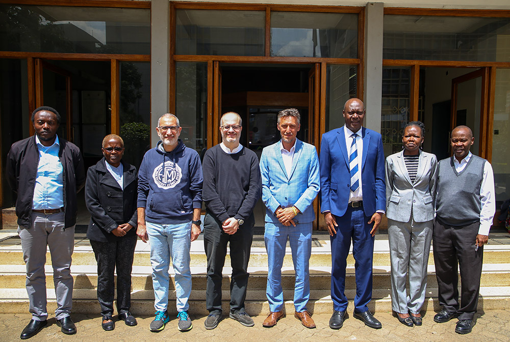 A team from French-African Network on Computational Material Science with DVC, Research and Technology Development Prof. Isaac Orina (3rd R) and Senior members of staff after the launch.