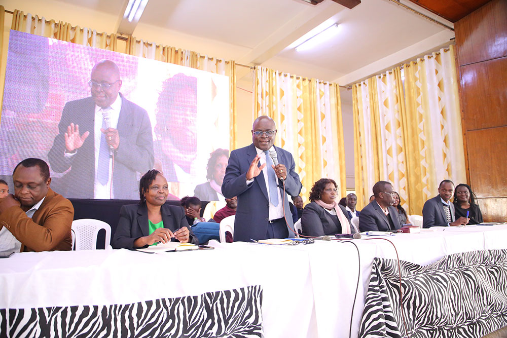 Dean, Faculty of Engineering and Built Environment, Prof. Cleophas Maende speaks at the Main Hall
